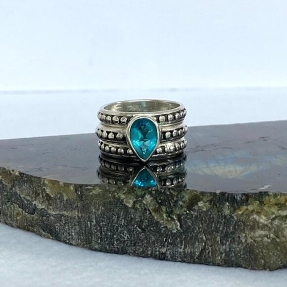 Sterling Silver 925 Teardrop Faceted Blue Glass Triple Band Ring Bali Size 6.5 - Picture 6 of 16